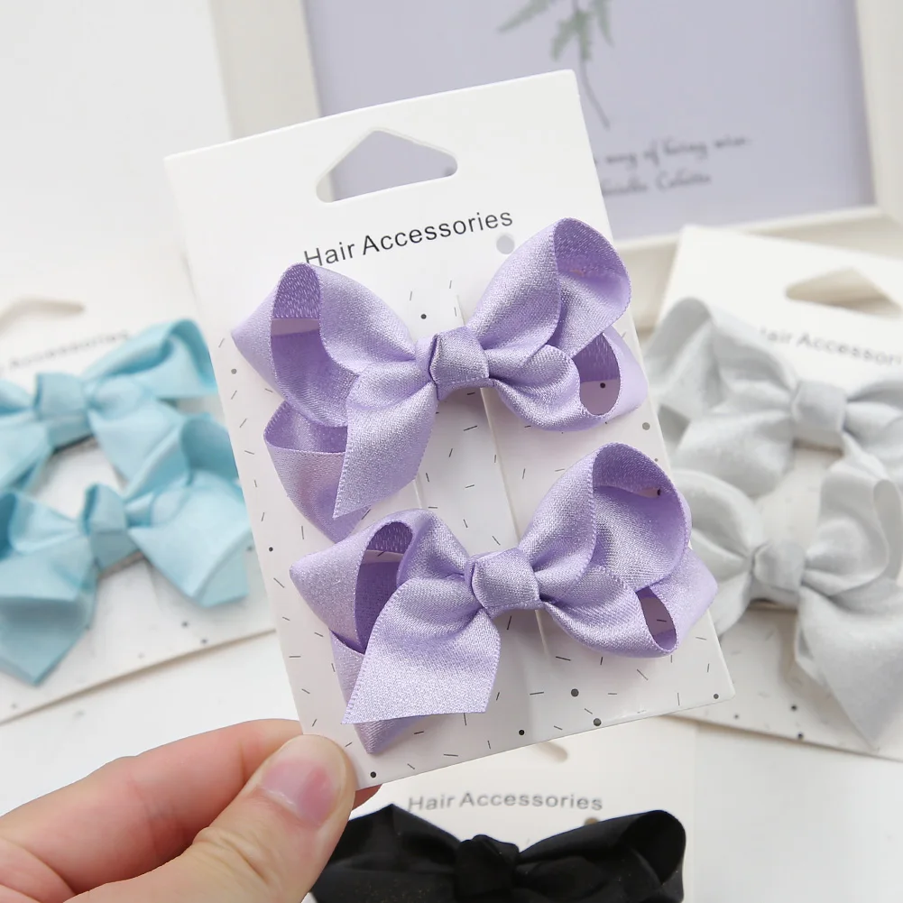 2Pcs/Set Satin Baby Hair Bows Clips for Baby Girls Korean Bling Handmade Hairpins Hairgrips 7.5cm Daily Vacation BB Barrettes