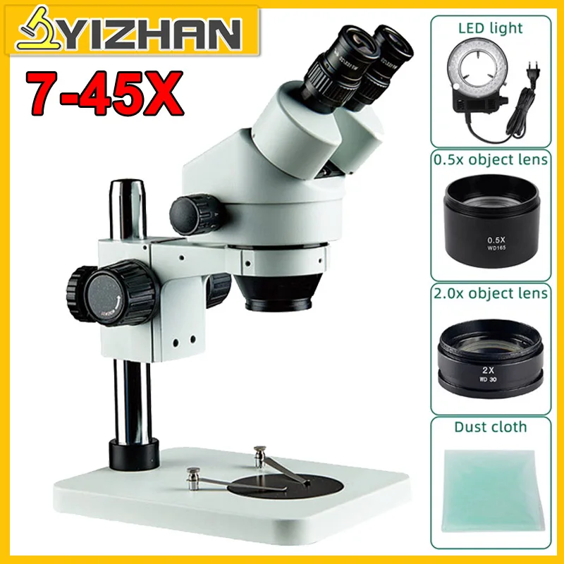 YIZHAN 7X-45X Binocular Microscope Adjustable Zoom Stereo Microscope Inspect PCB Soldering Repair Tools Ring Light SZM7045-B1