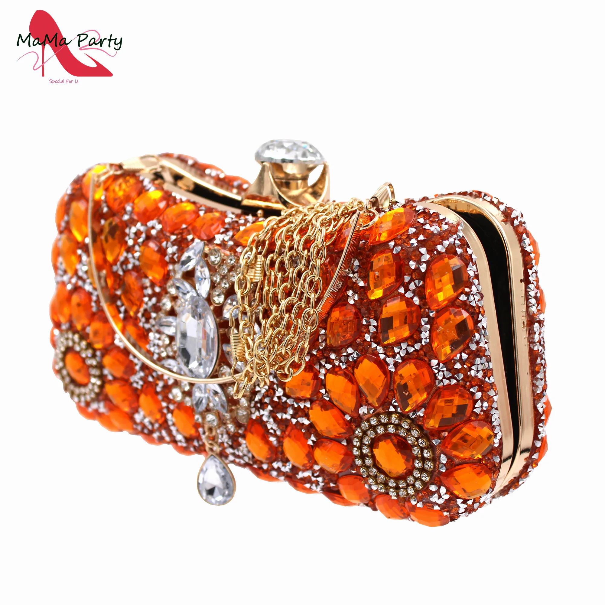 Nigerian Women Shoes and Bag Set in Orange Color 2024 INS Hot Sweet Style Special Design with Shinning Crystal for Wedding Part