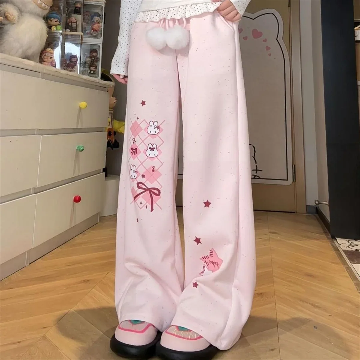 Y2K Japanese Kawaii Full Length Pants Women Cartoon Pattern Casual Trousers Harajuku Aesthetic Subculture Autumn Sweat Pants