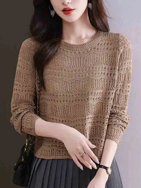 

Spring New Design Loose ort round Ne Women's Knitted Hollow Long Sve Top Versatile Retro Sle Commute Simple Sle