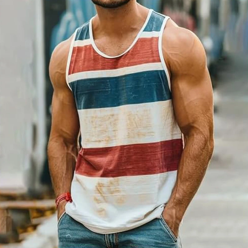 Vintage Striped Graphic Tank Tops For Men Retro Street Casual Summer Sleeveless 3D Print Vest Loose O Neck Quick Dry Sports Tops