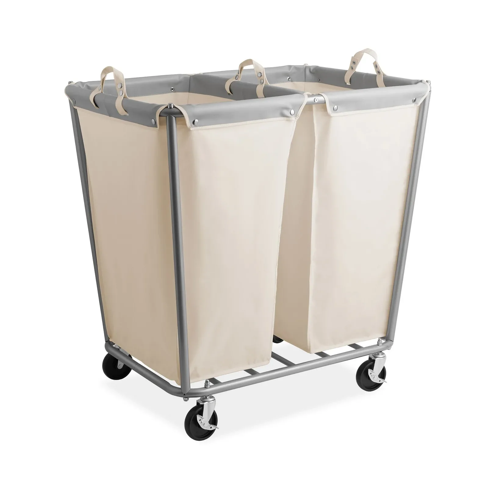 Kommerzieller, robuster, geteilter, rollender Wäschekorb aus Segeltuch auf Rädern, weiß