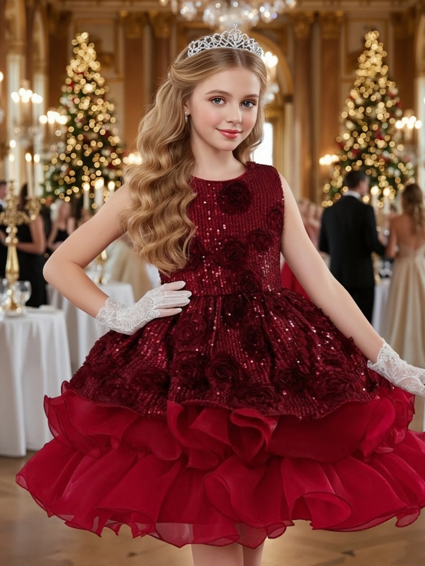 White Costume For Children Elegant Luxury Shiny Evening Dress Girls Party Dresses Rose Embroidery Sequin Girl Princess Dress