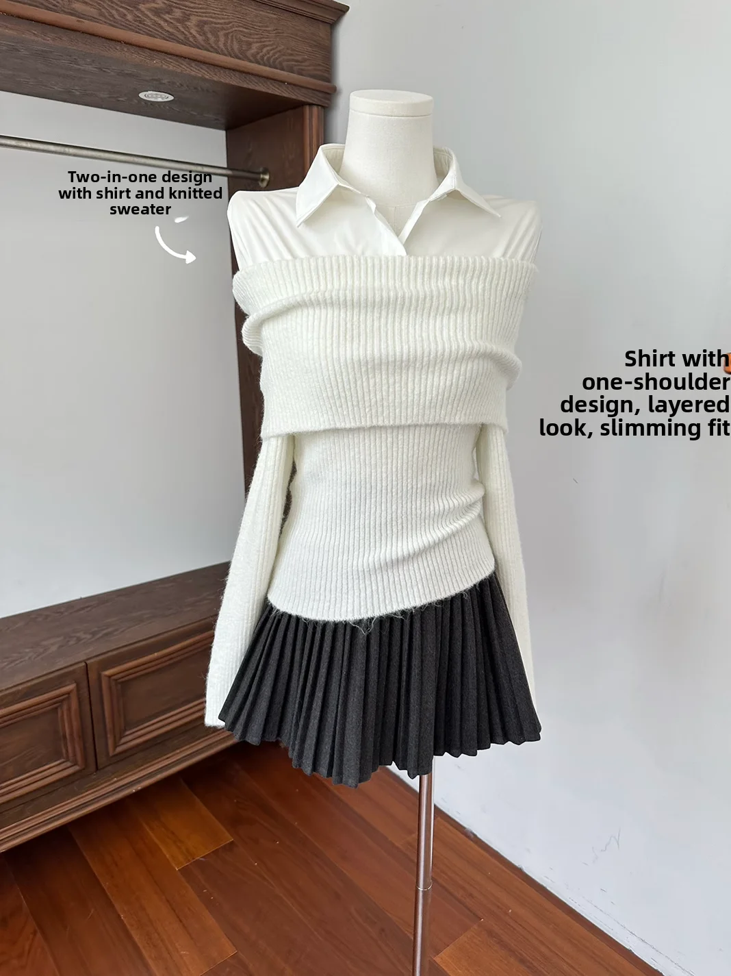 Csa de punto suave estilo un solo hombro, ajustada, top de mujer, imitación de dos piezas, cuello , manga larga, color...