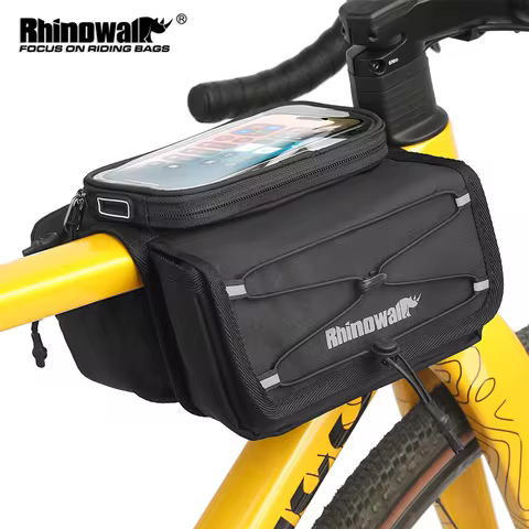 Rhinowalk Bike Frame Tube Bag With Touchable Phone Holder Pack Waterproof Bicycle Crossbar Saddlebag Single-Sided Magnetic Flap