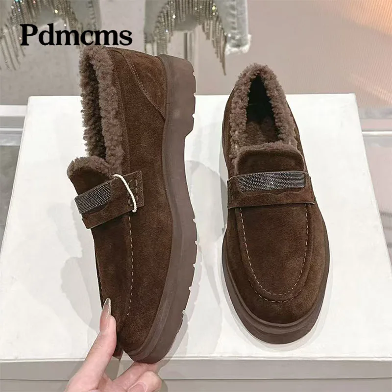 

Cow Suede Loafers Woman Round Toe Slip-on Casual Flat Shoes String Bead Wool Warm Winter Shoes Outdoors Walk Shoes Women