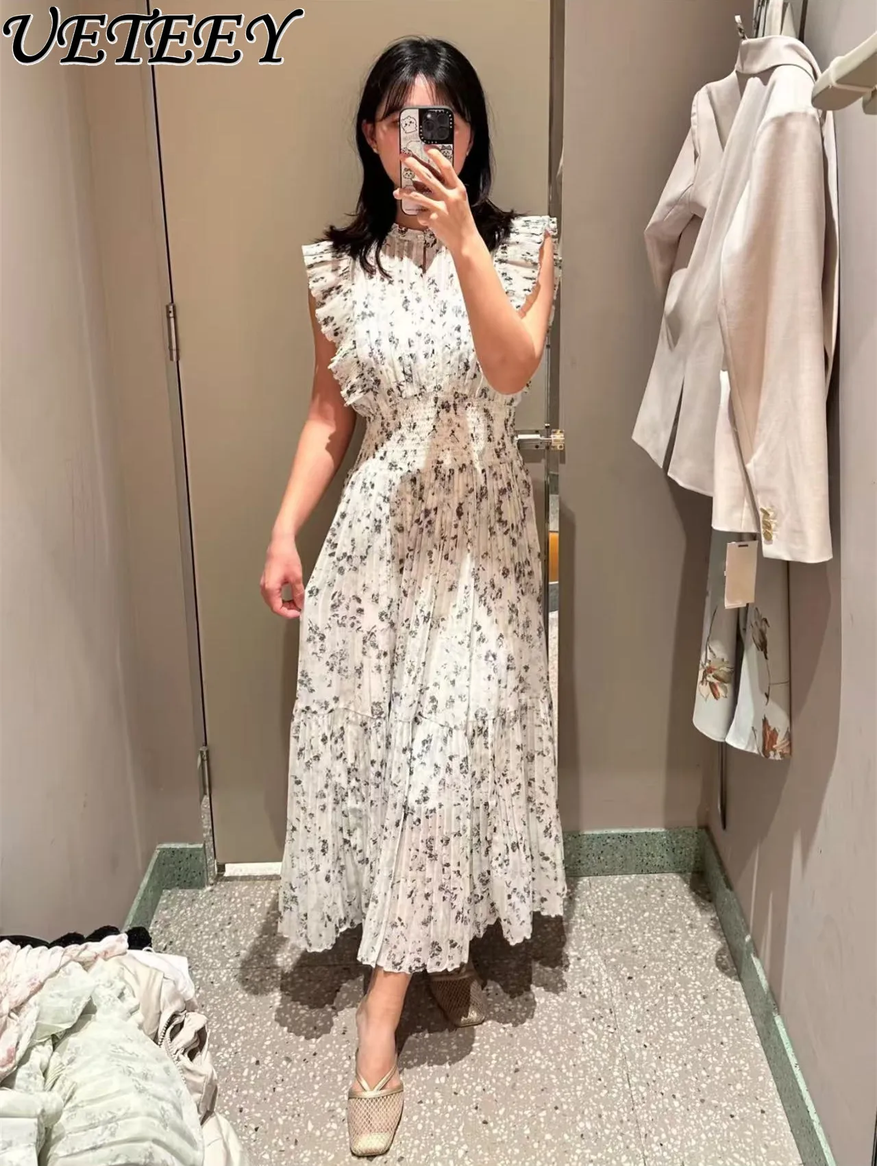 

Japanese Summer New Print Floral Flying Sleeves Pleated Dress Sweet Women High Waist Slim Long Dress and Inner Suspender Set
