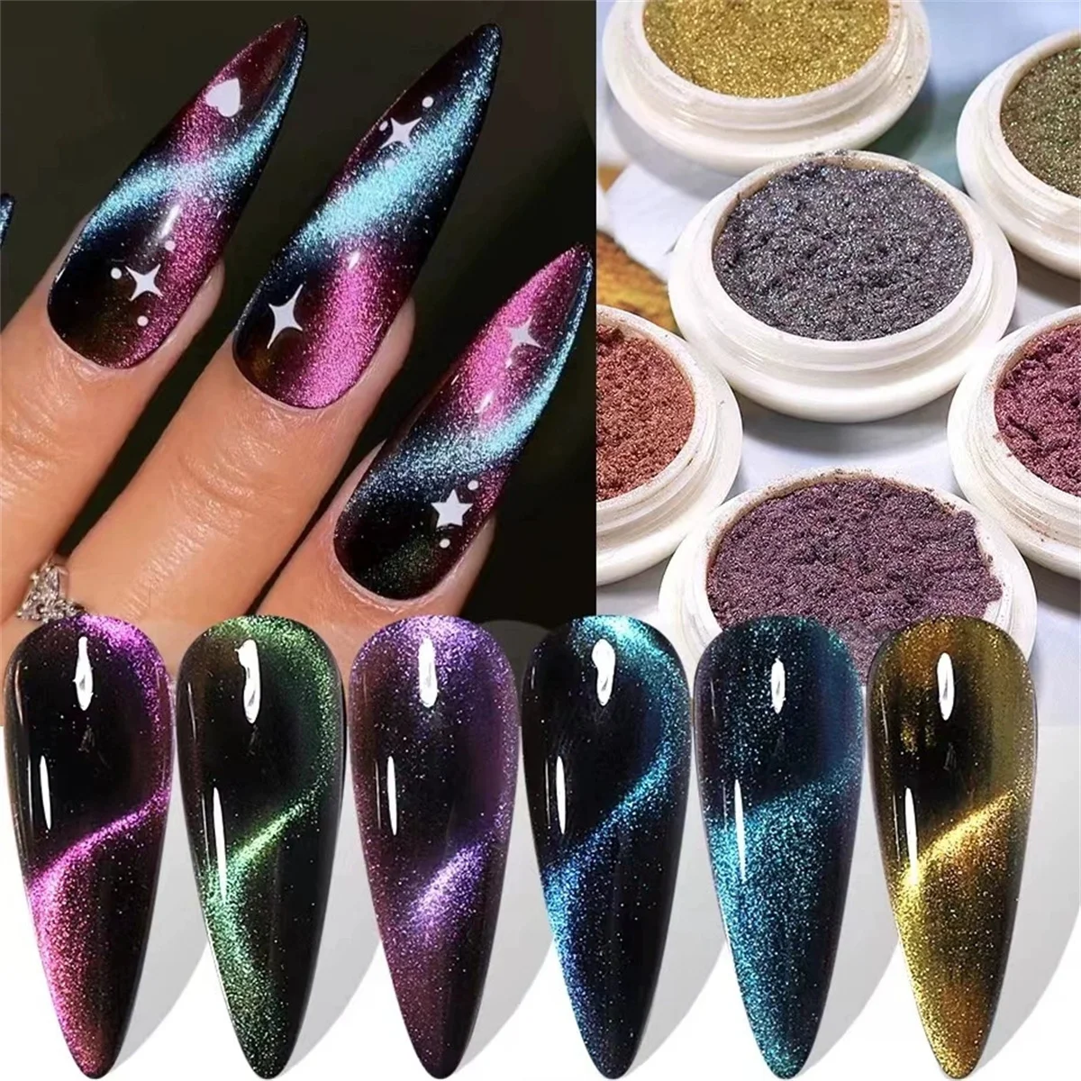 1 Set 6 Stück Nagelkunst Magic Mirror Katzenauge-Puder Perlglanz Farbverlauf Glitzer Feiner Nagelglanz Nagelkunst-Kreation DIY-Dekoration