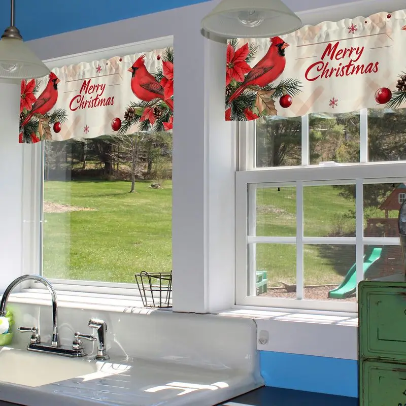 VIKAMA Beige Plaid Red Cardinal Bird Poinsettia Holiday Greetings Christmas Short Window Curtain Rustic Country Home Decor Soft