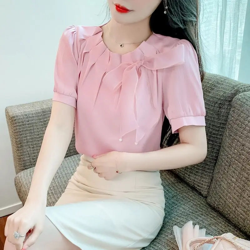 Oversized Elegant Bow Solid Color O-neck Short Sleeve Blouse Ladies All-match Lacing Chiffon Shirts Women Clothes Pleated Tops