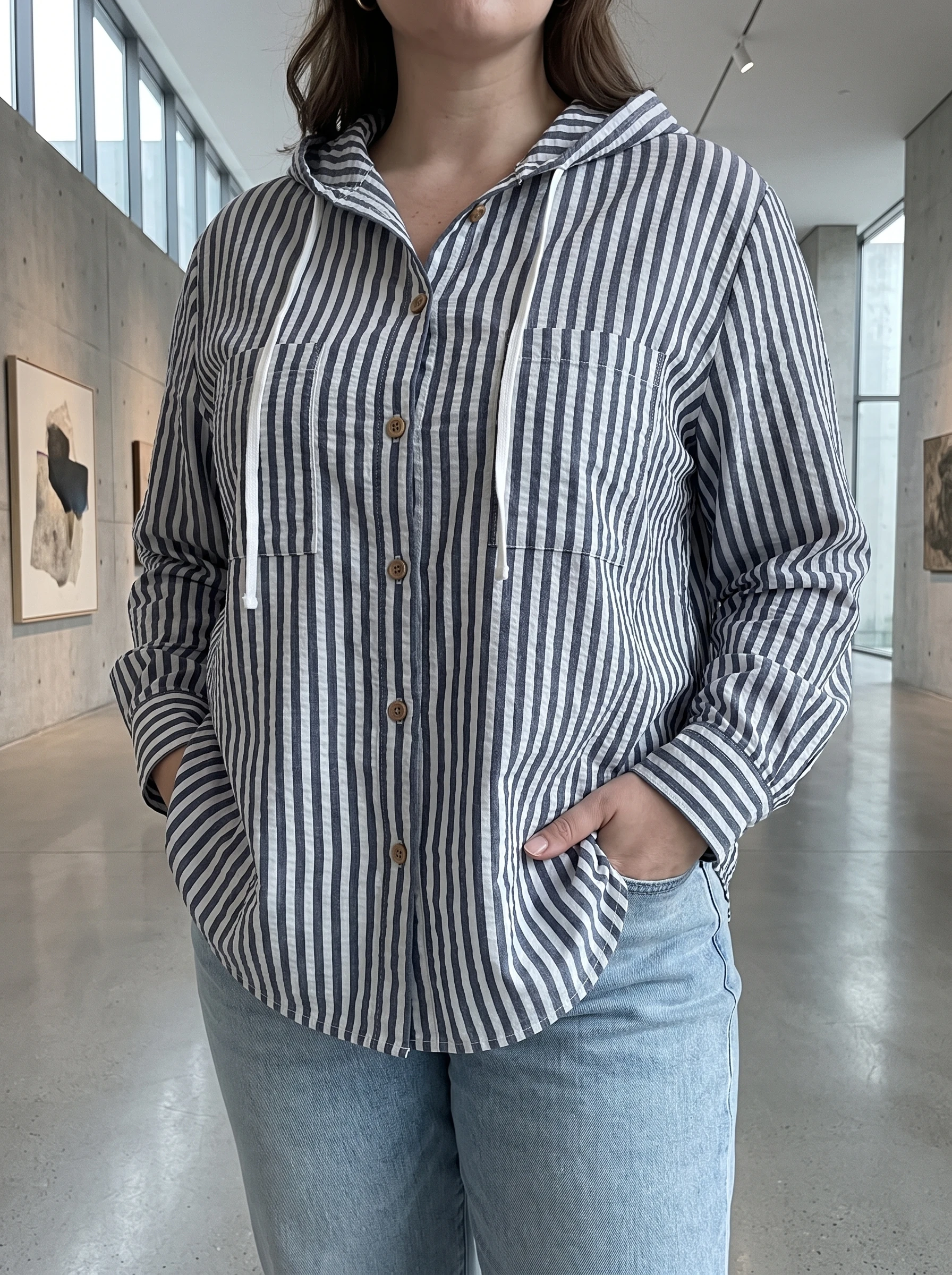 Gadinus Plus Size Women Striped Hooded Long Sleeve Top Loose Fit Casual Shirt view 4