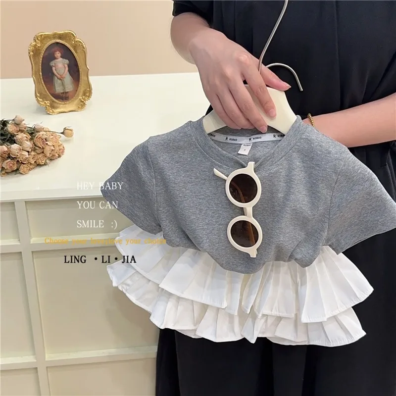 Girls Suit Backless T-shirt Suit 2024 Summer Dress Fashionable Ins Pleated Skirt Fluffy Cake Skirt Mini Skirt Two-piece Set