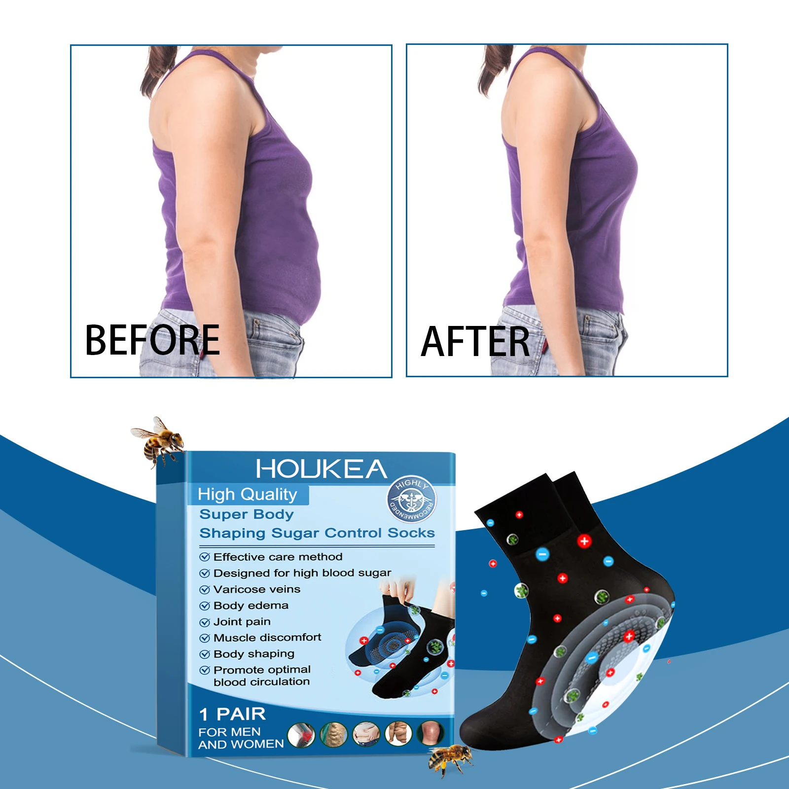 꿀벌독 모양 디자인 수유용 양말, 편안하고 통기성 좋은 발 마사지, 부드럽고 피부 친화적인 건조 바디 케어 압박 양말