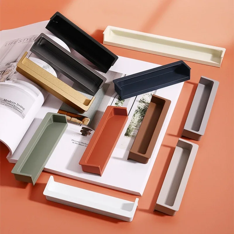 Modern Wardrobe Push Pull Hidden Kitchen Cabinet Knobs Sliding Door Concealed Handle Slotted Embedded Buckle Furniture Handles