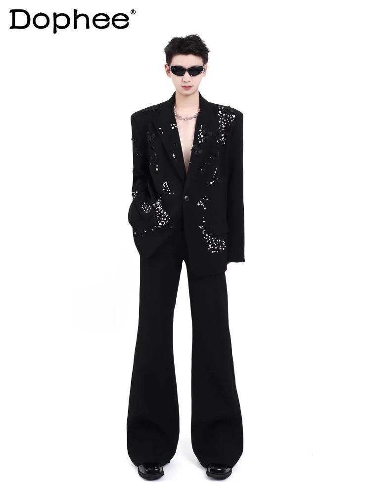 

Men's 2025 Autumn New Light Luxury Pearl Design Blazers High-End Suit Pants Male Chic Three-Dimensional Floral Stylish Suit Sets