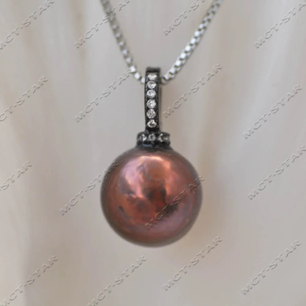 Z14387 A++ 13.5mm Brown Black Round Edison Pearl Pendant CZ Chain 925silver