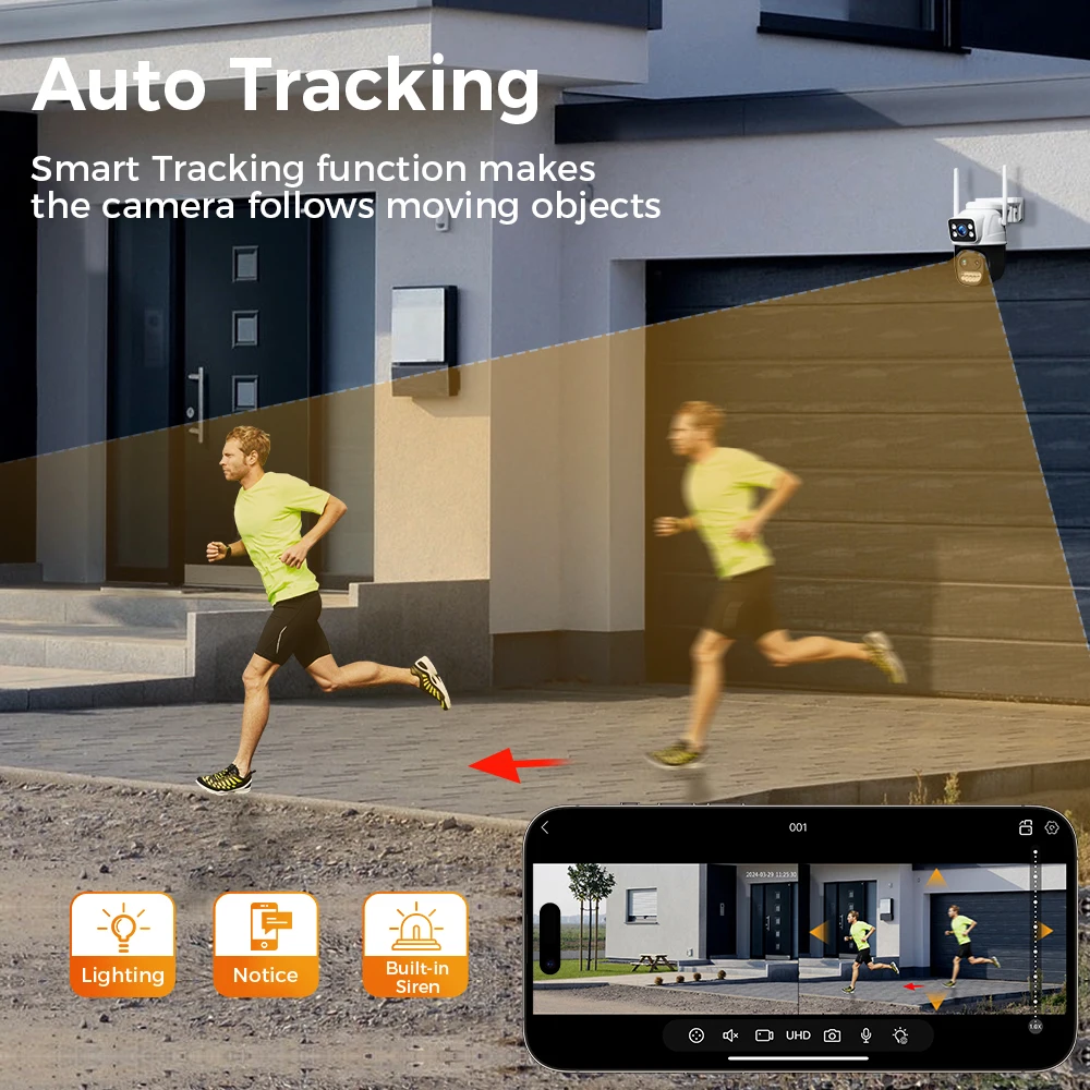 Hiseeu 9-мегапиксельная Wi-Fi IP-камера с тремя объективами и двойным экраном с 8-кратным зумом PTZ-камера Красочная камера ночного видения для видеонаблюдения