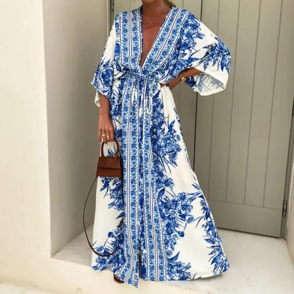 Classic Summer Beach Boho Retro Print Dress Soft Fabric Maxi Dress Summer Boho Print 3/4 Sleeve Midi Dress Streetwear