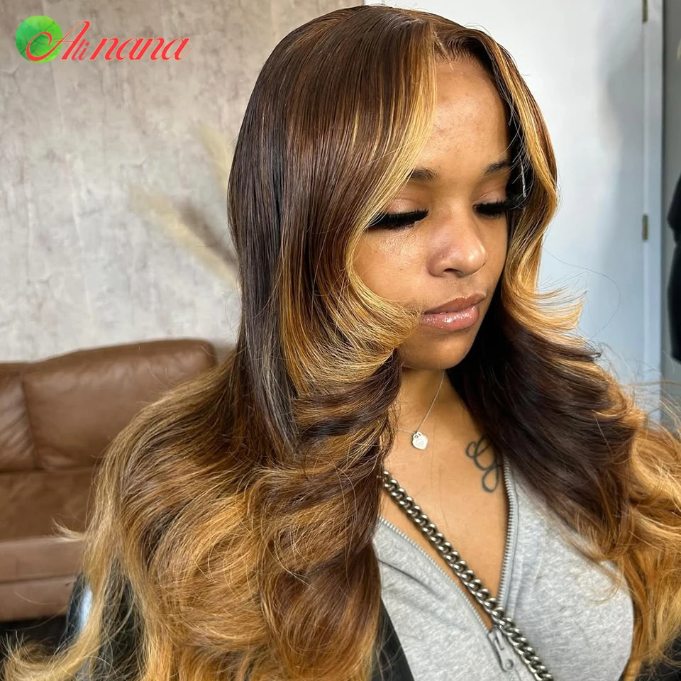 

13x6 Transparent Lace Frontal Wig Ombre Brown Colored Body Wave Remy Pre-Plucked 5x5 Lace Closure Human Hair Wig For Women