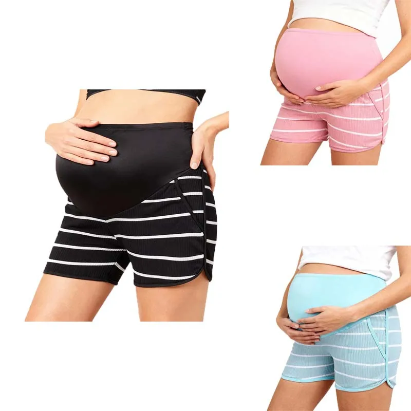 Maternity Clothing High Waist Over Belly Stripes Shorts Summer Sports Casual Stretch Shorts Comfortable Pregnant Woman Pants