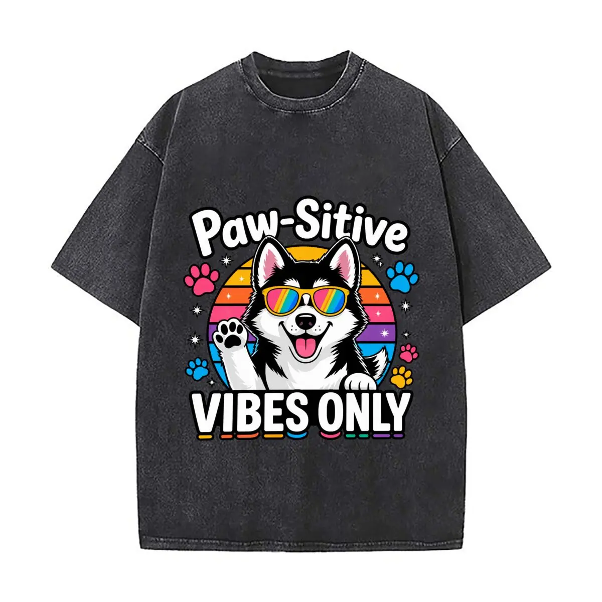 Paw Sitive Vibes Only Husky Rainbow Sunglasses Washed Short Sleeve Loose Streetwear Tee Hip Hop