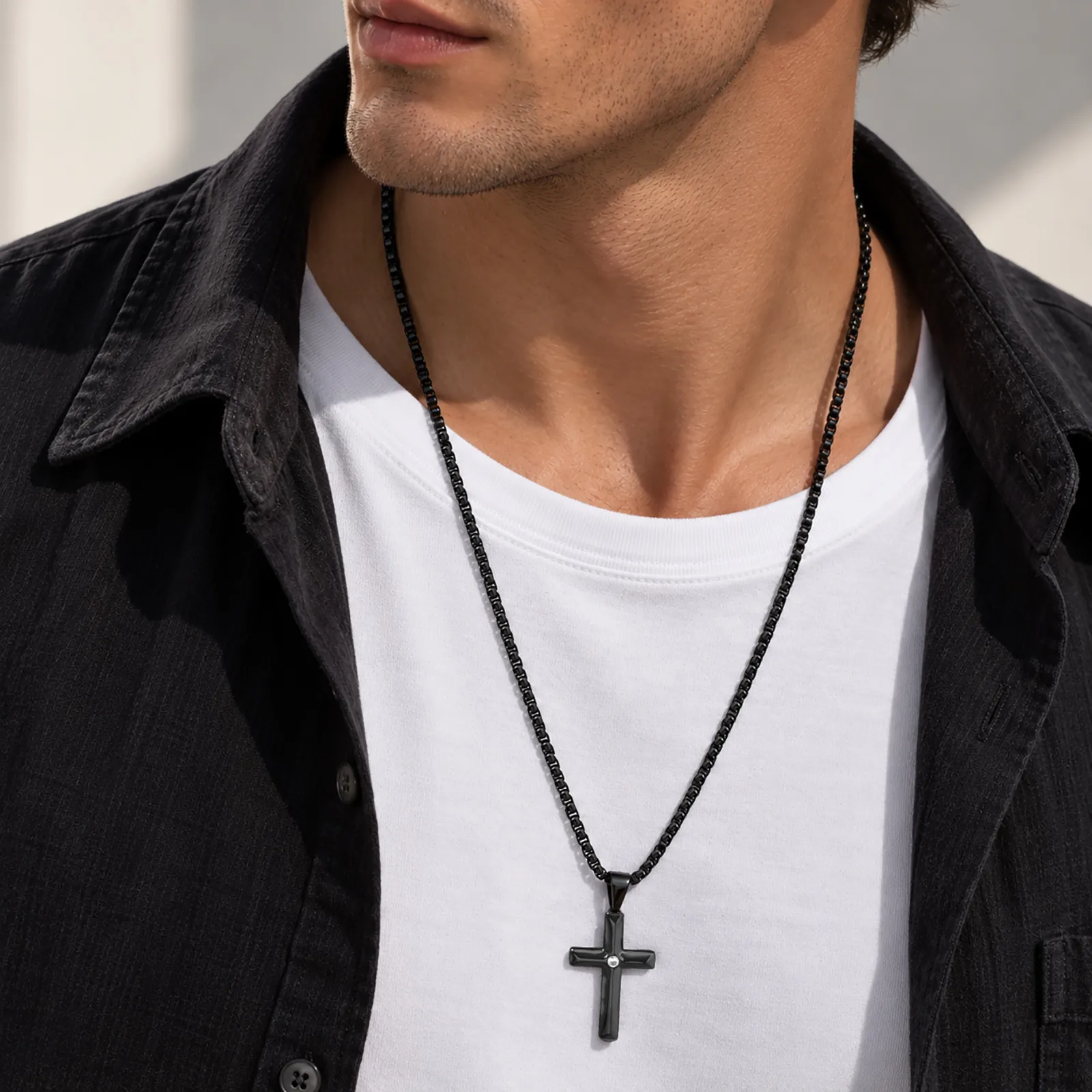 Vnox Men Black Stainless Steel Cross Pendant Necklace Inlaid Zircon Box Chain Religious Faith Jewelry Gift for Guys Daily Wear