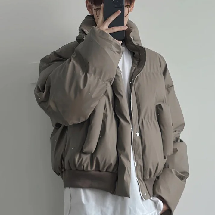 

2025 Winter Man Down Jacket High Street Stand Collar Zipper Oversize Men Coat Simple Solid Color Long Sleeve Men Outerwear