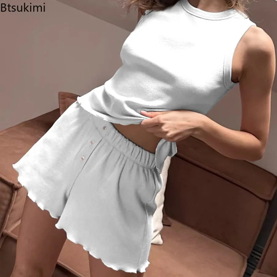 New 2025 Spring Summer Women's Pajamas Set Solid Color Comfortable Vest Shorts Casual Loungewear Two-piece Set Women's Clothing