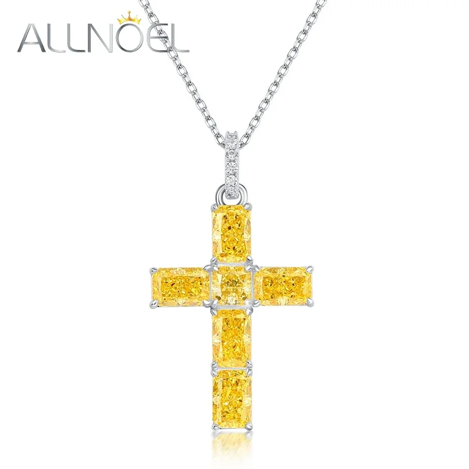 

ALLNOEL 925 Sterling Silver Cross Pendant Necklace For Women Sparkling 4*6mm lab Created Diamond Yellow Zircon Fine Jewelry Gift