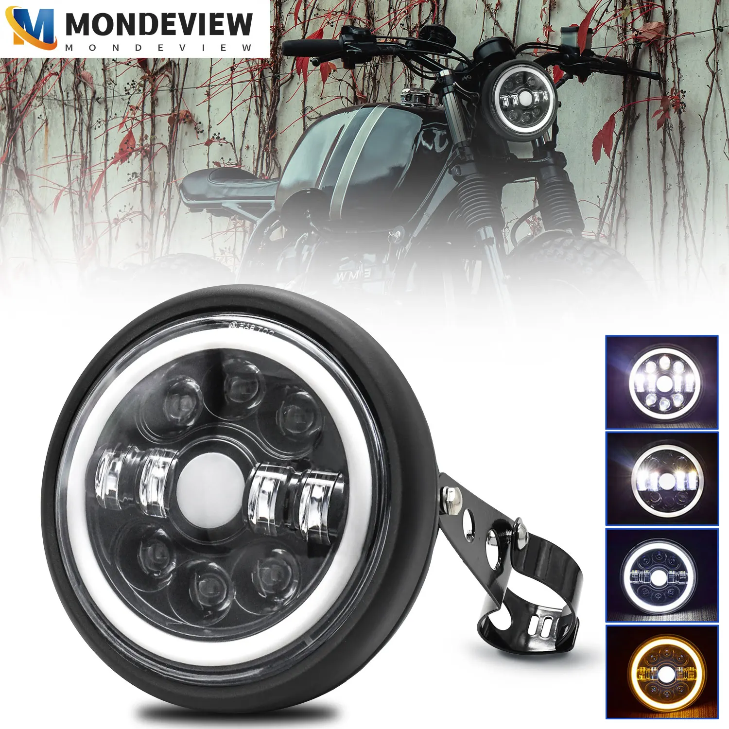 MONDEVIEW7 Inch Round Wrangler R7 Angel Eye 6000K White 180W High Power 18000LM High Brightness Motorcycle Car Headlamps