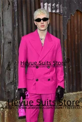 Fuchsia Double-breasted Men Suits Slim Fit Peak Lapel Groom Formal Tuxedos 2 Pieces Sets Foshion Male Blazer Trajes De Hombre