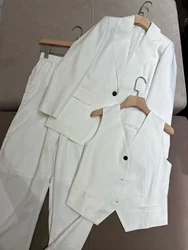 Autumn B*C Women's Pants Suit Cotton Linen Blazer Jacket + Vest + Elastic High Waist Trousers 3 Piece Set