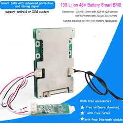 Carte PCB intelligente avec Bluetooth BMS, films, Ion, logiciel, courant constant, 20 à 60A, 54.6V, 13S, 48V