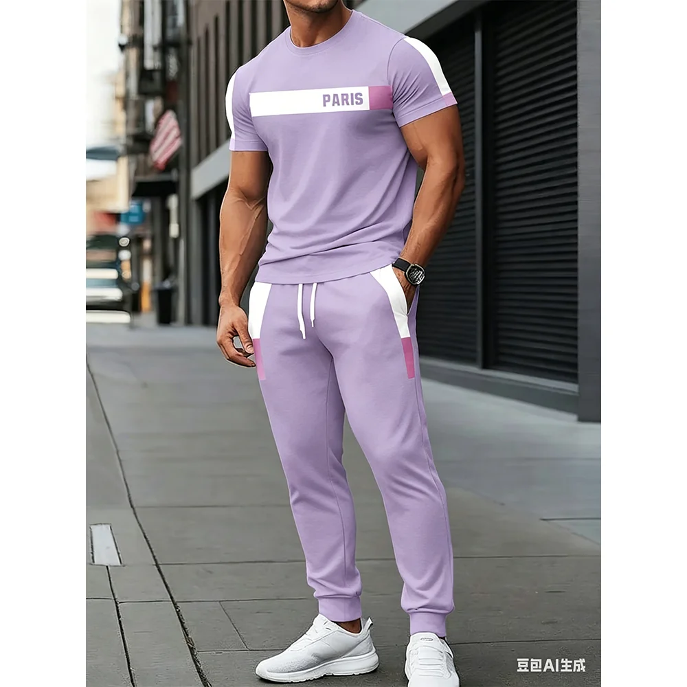 

Summer New Men's Striped Paris Print Comfortable and Breathable Round Neck T-shirt+Pants Set Outdoor High Street Two-piece Set