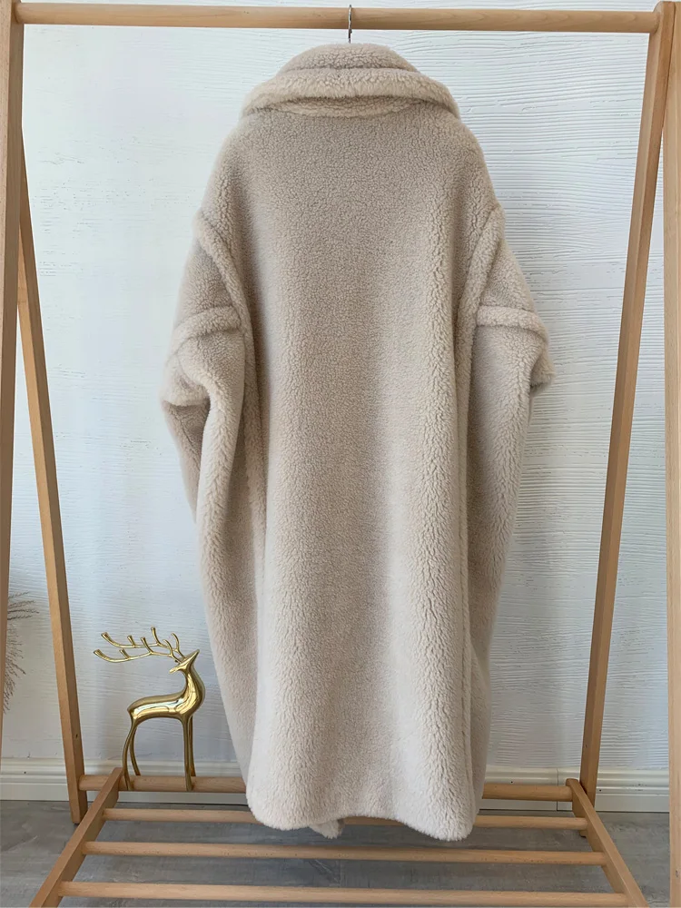 New Luxury Teddy Bear Coat Women Mid-length Cashmere Natural Wool Fur Coat Loose Silhouette Lapel Long Sleeve Jacket Fit Winter