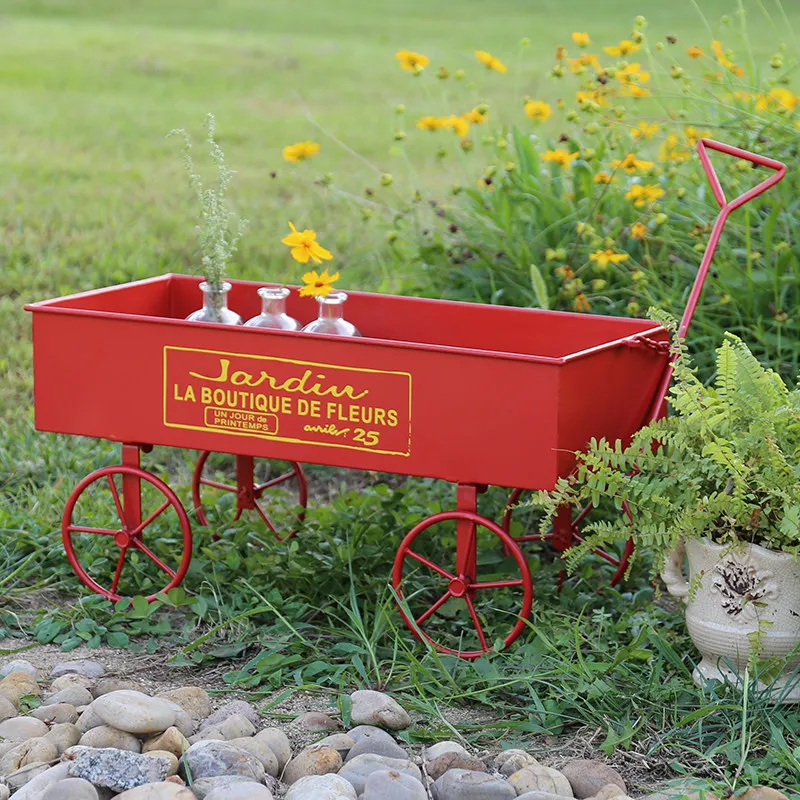 Vintage Country Planter Cart Rustic Iron Red Flower Stand for Patio Garden Mobile Succulents Display for Gardening Decoration