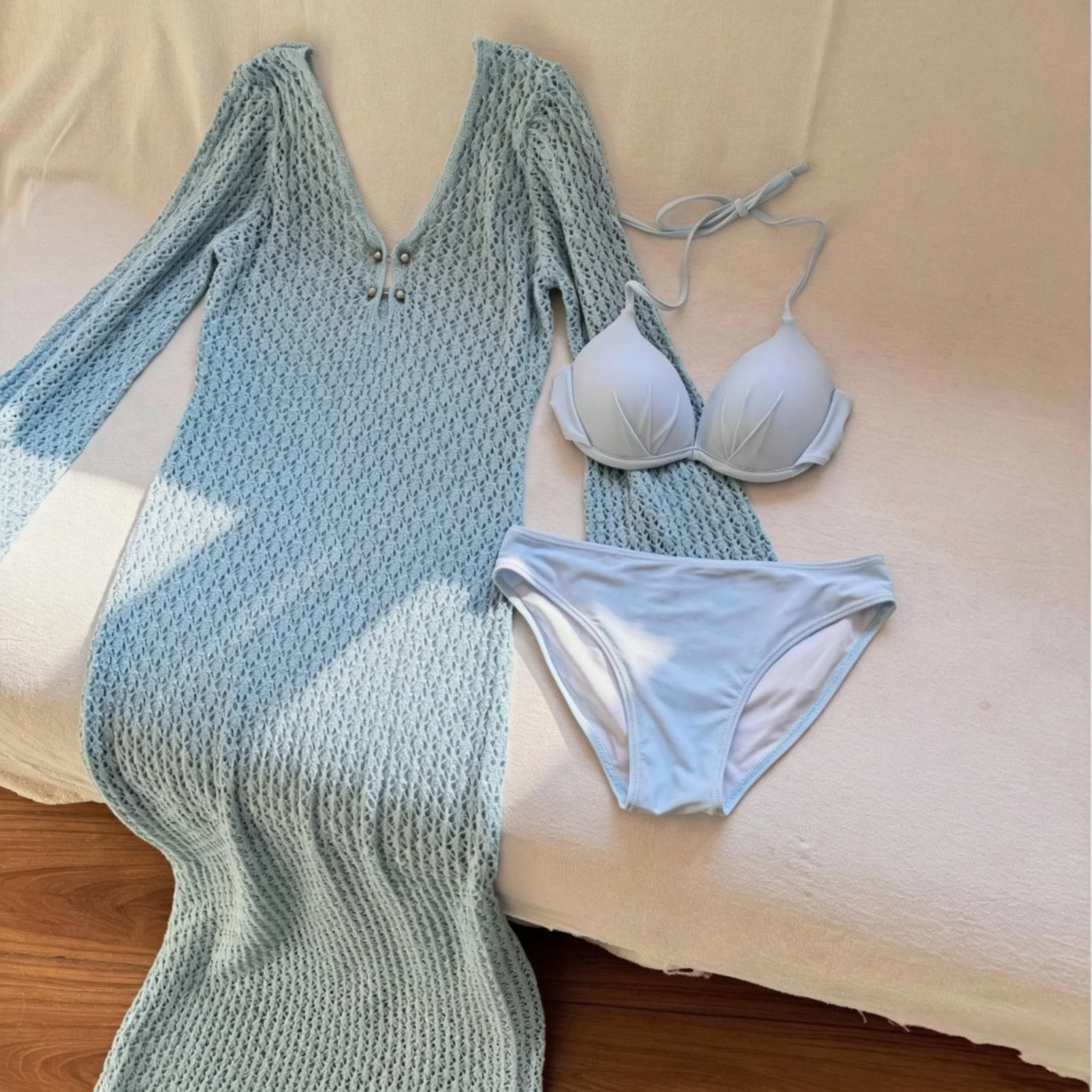 

WackDaria Women 3 Pieces Swimsuit Set Ins Blue Sexy Bikini With Knitted Cover Up купальник слитный Maillot De Bain Femma Bathing
