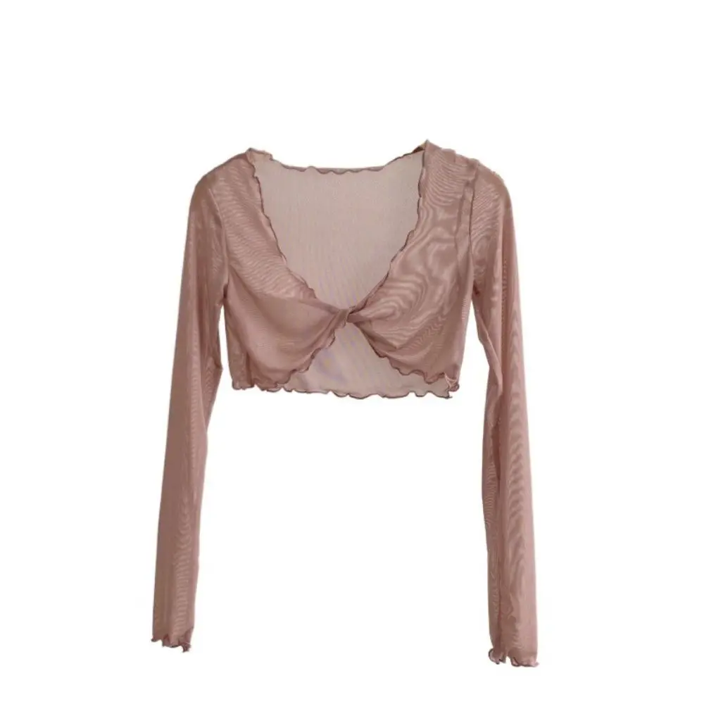 

Casual Ruffle Mesh Knot Cardigan See Through V-neck Transparent Cardigan Short Korean Sun Protection Tops Streetwear