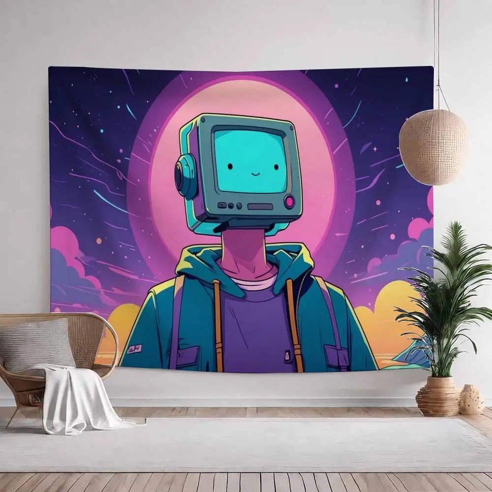 Retro Virtual TV Head Tapestry Aesthetic Wall Hanging Decor Microfiber Fabric Art for Bedroom Living Room Home