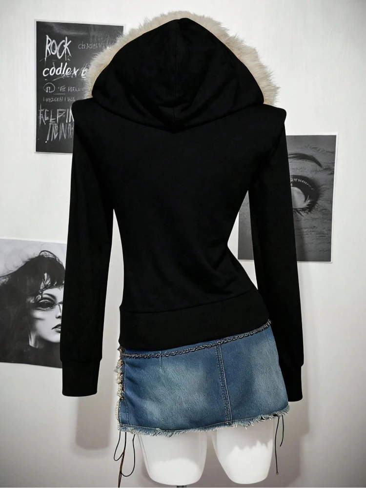Amerikanisches Retro-Y2K-Taillen-Sweatshirt mit Pelzkragen und Kapuze, einfarbiger Mantel für Damen im Herbst und Winter, Reißverschluss-Schlankheitsoberteil