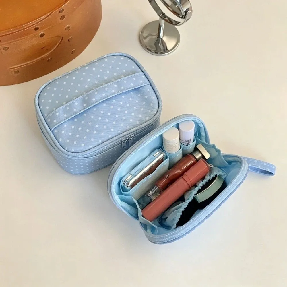 Simple Polyester Polka Dot Makeup Bag Light Blue Checkered Travel Toiletry Storage Bag Zipper Multi Size Cosmetic Pouch Portable