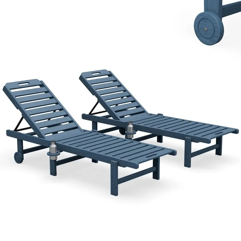 All-Weather HDPE Chaise Lounge Set 2 Adjustable Backrest Wheels Cup Holder Poolside Blue