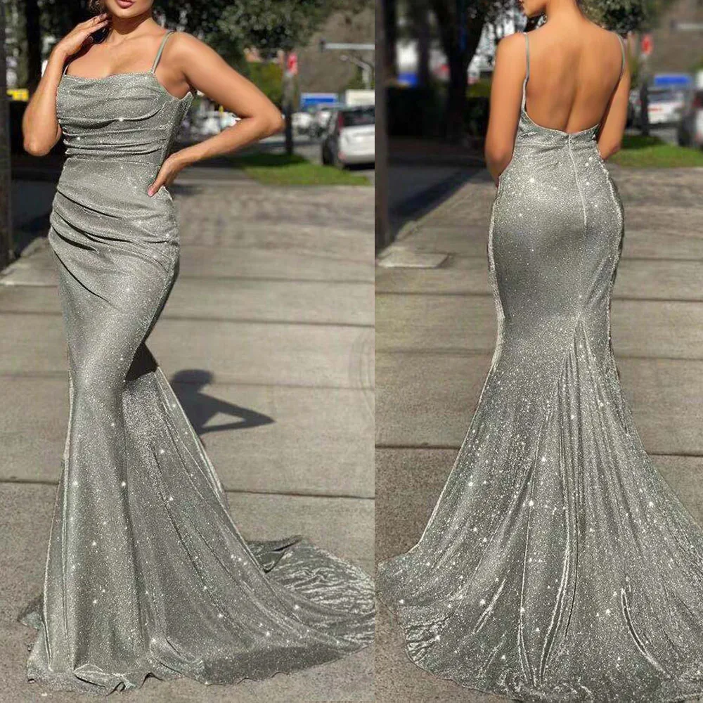 Luxury Glitter Sequins Prom Dress Sexy Mermaid Women's Evening Dresses Slim Backless Party Maxi Dress Stretch Floor Length Gowns