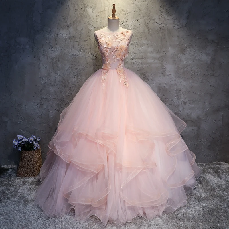 2022 neue Rosa Quinceanera Kleider O Neck Sleeveless Partei Prom Kleid Einfache Blume Prinzessin Ballkleid Plus Größe Nach Maß