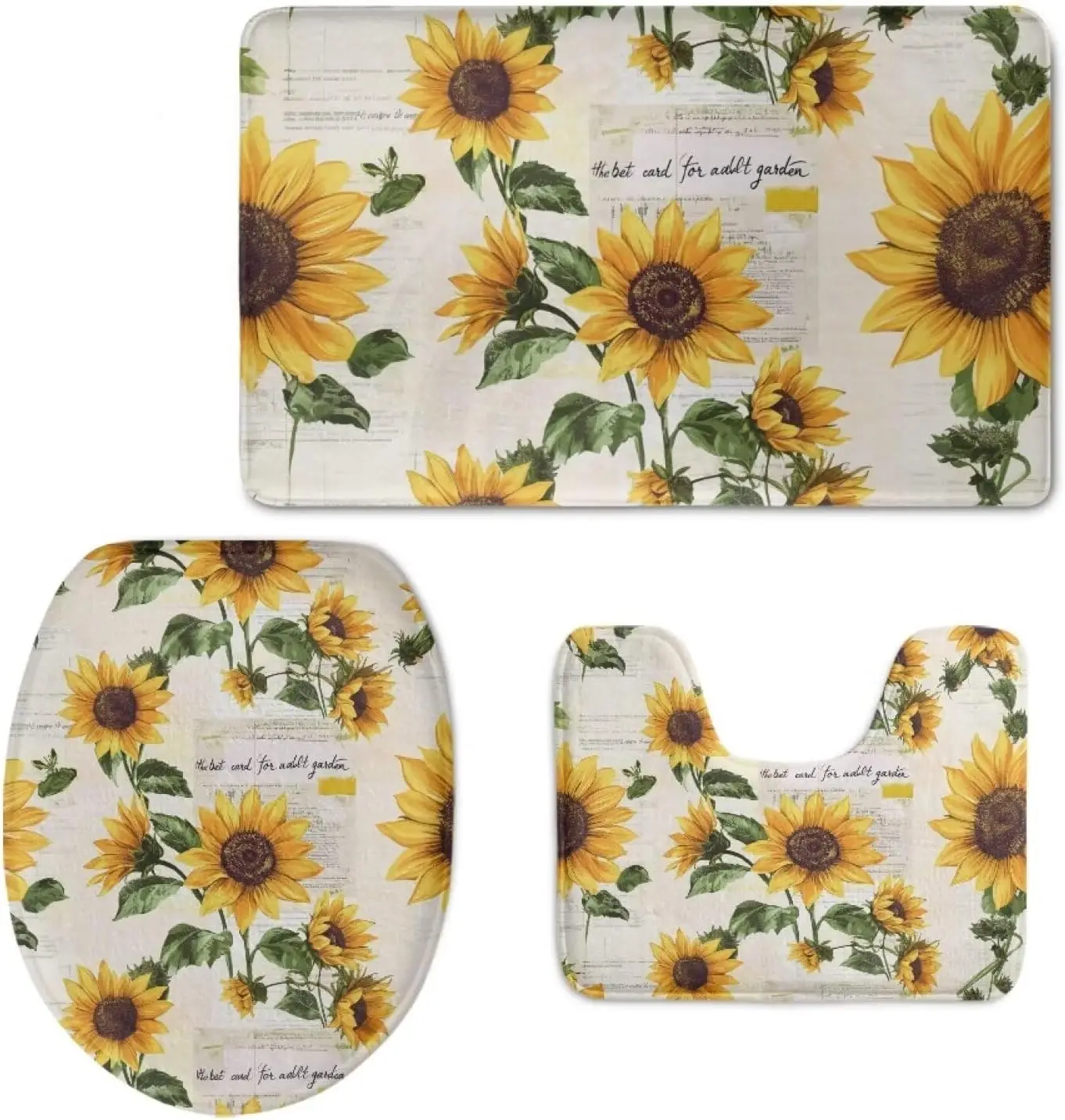 3PCS Sunflower Newspaper Bath Set, Vintage Print U-Shape Toilet Cover + Lid, Absorbent Non-Slip Washable Bathroom Decor