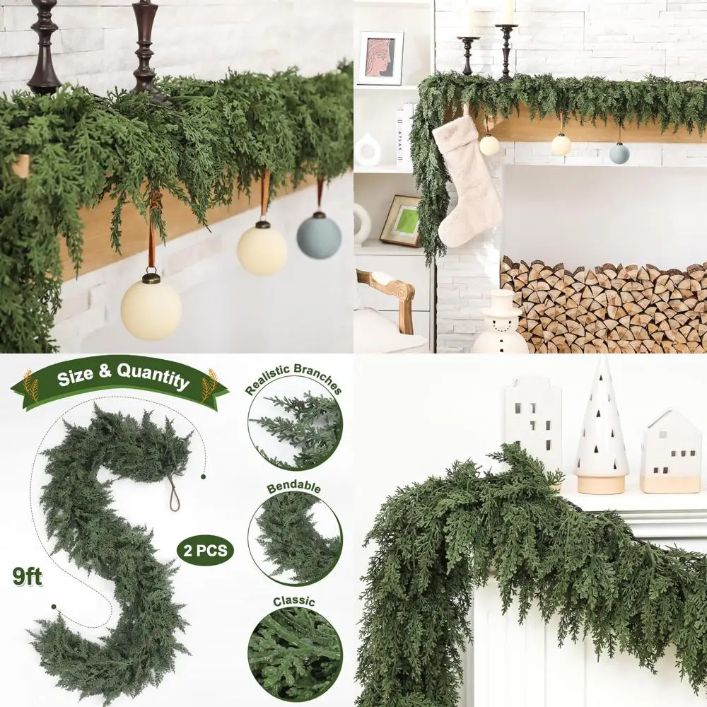 

Artificial Cedar Garland - 9 Feet Realistic Christmas Pine Needles Greenery for Mantel Decorations