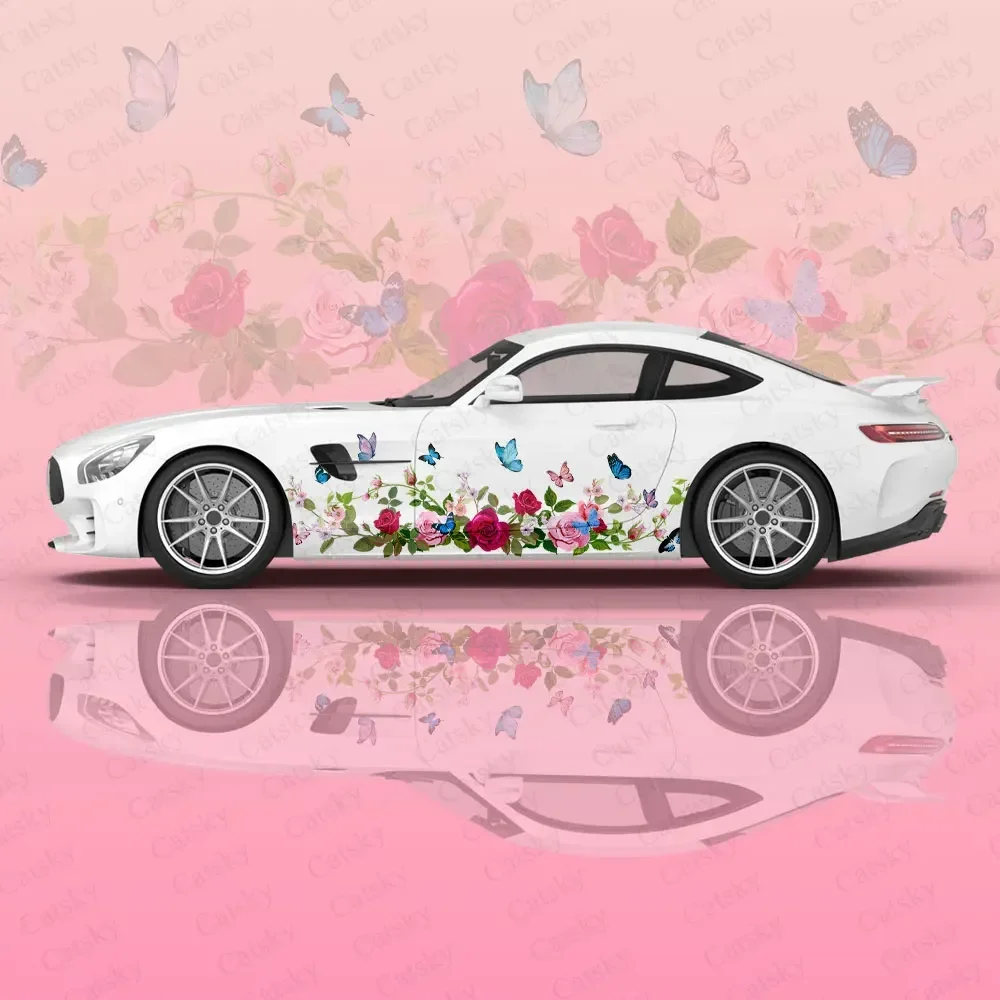Rose and Butterfly Car Graphic Decal Protect Full Body Vinyl Wrap Modern Design Vector Image Wrap Sticker Decorative Car Decal