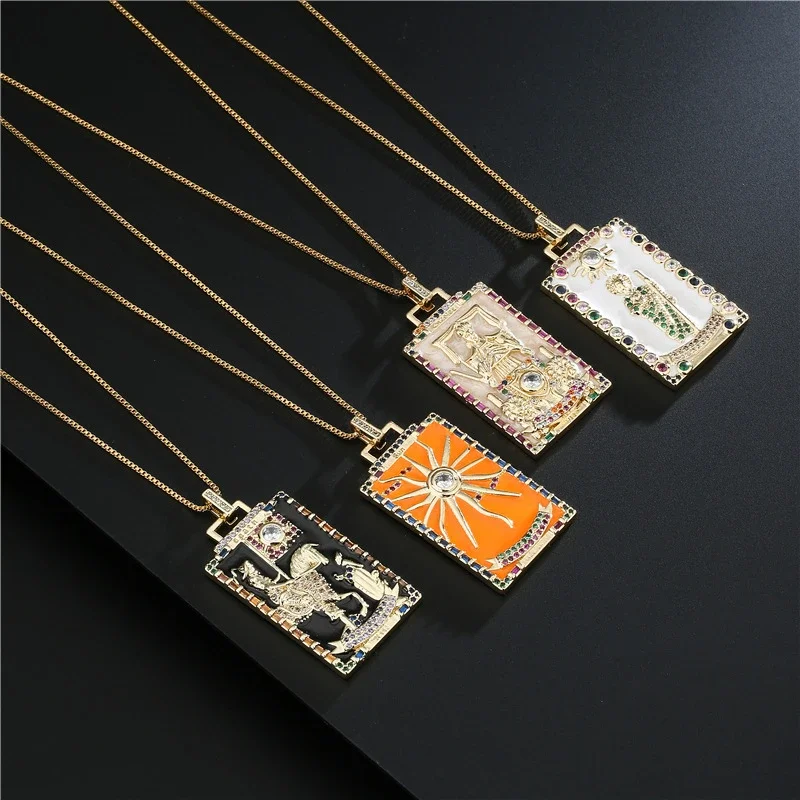 

Vintage Tarot Necklace for Women Zircon Enamel Tarot Cards Necklaces Copper Gold Color Sun Moon Star Pendant Mystic Jewelry Gift