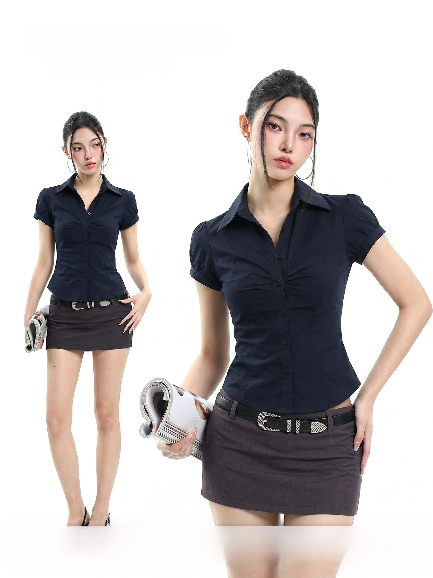 

Женская рубашка в американском стиле с пышными рукавами, укороченная, с завышенной талией, летняя, модная, повседневная.